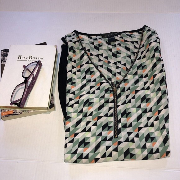 August silk black Green sleeveless tank blouse beaded neck design MED - Picture 12 of 13